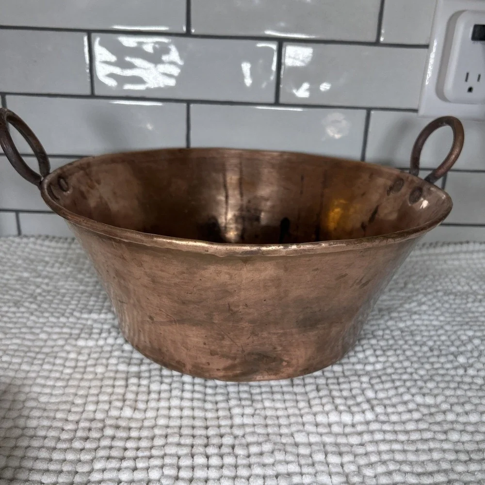 Vtg  Antique Hand Crafted Copper Jam Jelly Pot Riveted Handles Rolled Rim